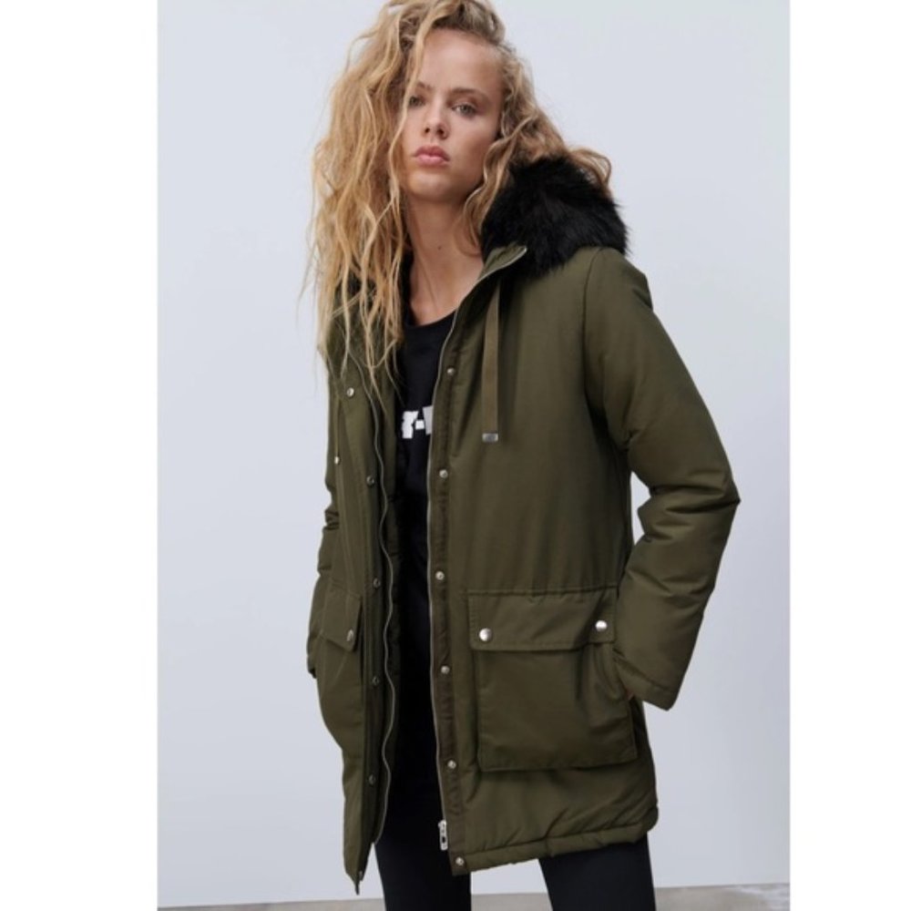 NWT ZARA PADDED PARKA WITH HOOD Faux Fur Hood Lined OLIVE Small